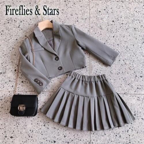 Spring Autumn girls 2 pcs suit set baby coat + mini skirt kids suits children brand clothes gray button pleated 2 to 9 yrs
