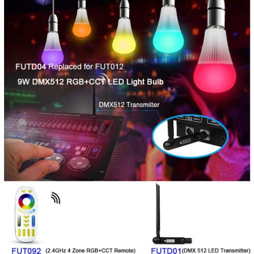 Miboxer 9W DMX512 E27 RGB+CCT LED Light Bulb;FUTD01 DMX 512 LED Transmitter;2.4GHz wireless Remote,DMX512 LED Strip Controller