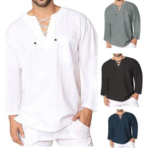 Men Medieval Clothing Loose Blouse Saudi Arabia Bandage Tee Tops Male Cotton Linen T-shirt Viking Pirate Knight Cosplay Costumes