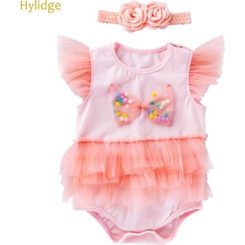 Hylidge Soft Tulle Cotton Romper for Baby Girl Bodysuit First Birthday Christmas Party Outfit Ball Mesh Bow Girl Romper Headband