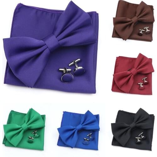 New Light Solid Color Mens Bowtie Handkerchief Cufflinks Set Polyester Casual Butterfly Cravat Wedding Party Dinner Accessories