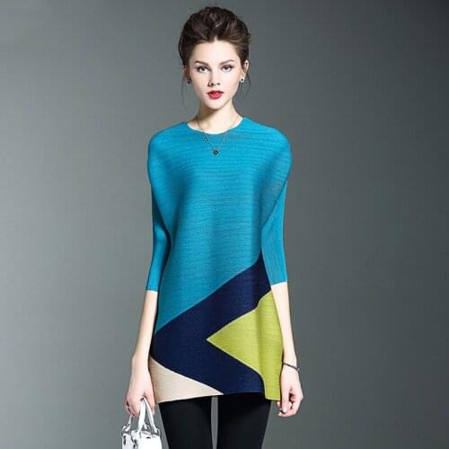 New Pleated Dress Women Spring Summer Short Sleeve Large Size Pullover Tops Female Elegant Color Matching Dress Vestidos W1846