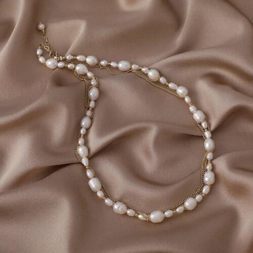 Origin Summer Temperament Baroque Natural Freshwater Pearl Pendant Necklace for Women Girls Double Layer Chain Necklace Jewelry