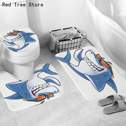 Cartoon Shark Cow Printing 3 Pieces Set Toilet Seat Mat Cover Bathroom Non Slip Soft Cushion Rug Home Kitchen Entrance Decor
