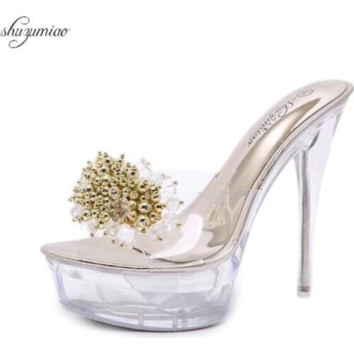 Slope sandals High Quality rystal Transparent Diamond Wedges Sandals High heels 8.5cm Slope Sandals Female Summer 2019 Sexy Wome