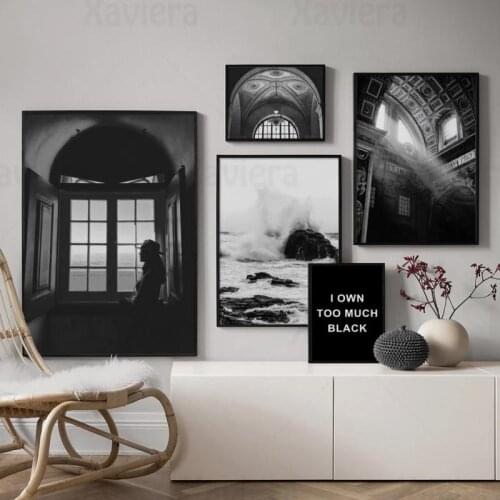Nordic Black White Decorative Painting Girl Church Sea Waves Minimalist Wall Art Canvas Poster And Print Living Room Home Decor