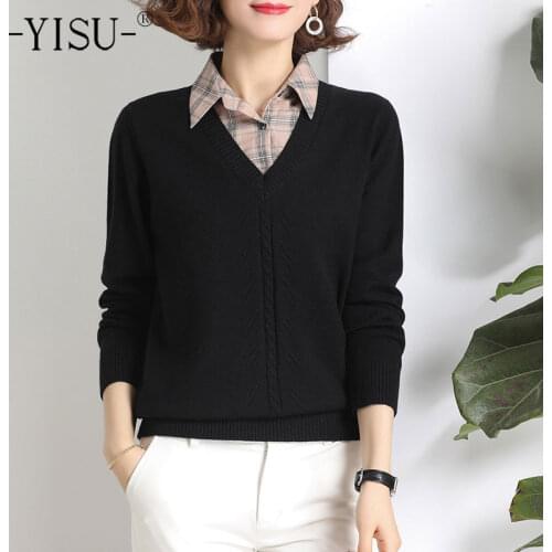 YISU Spring Women Sweater Jumper Shirt collar Spring tops Solid color Long sleeves Top 2021New Female Casual Knitted pullover