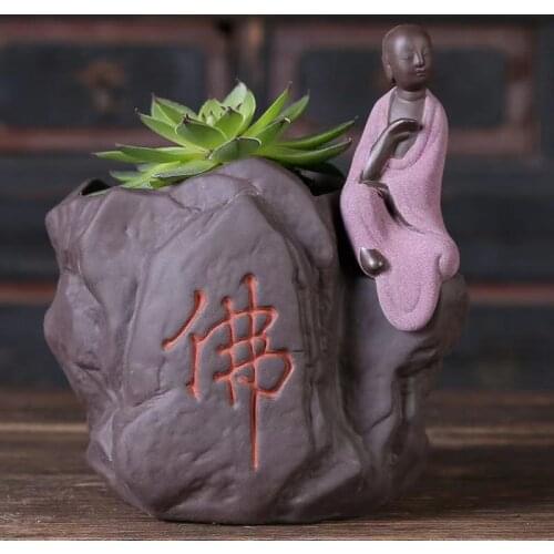 Zen Buddha Figure Succulents Flower Pot Ceramic Small Monk Creative Flowerpot Tray Ornaments Breathable Purple Sand Garden Pots