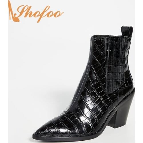 Shofoo Black Croc Embossed Female Booties Pointed Toe Chelsea Boots Woman High Square Heels Large Size 13 16Winter Fashion Shoes