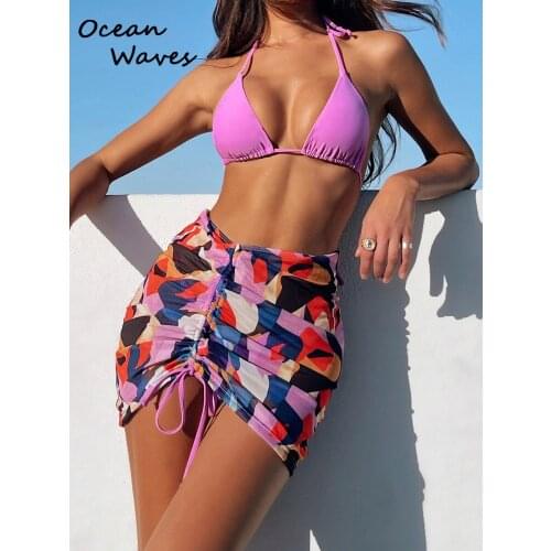 2021 Push Up String Halter Women Swimwear Female Swimsuit 3 Pieces Bikini Set With Colorful Skirt Bather Bathing Suit Beachwear