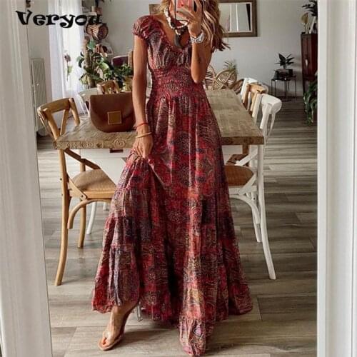 Vintage Women V-Neck Short Sleeve Ruffles Long Party Dress Summer Printing Ladies Dress Fashion Streetwear Party Dress 2021