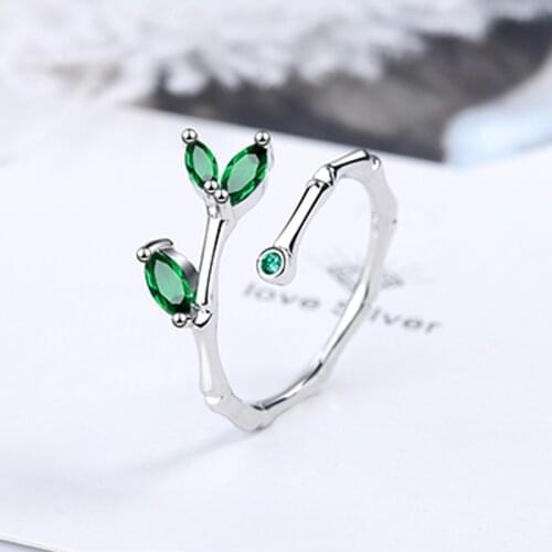 Fashion Female Wedding Jewelry Silver Color Bamboo Leaf Micro Pave Green Zircon Stone Adjustable Rings for Women Anillos Mujer