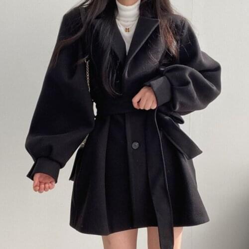 Korean Chic 2021 Autumn New Women Fashion Long Sleeve Loose Wool Blends Coat Casual Bandage Slimming Waist Loose Overcoat