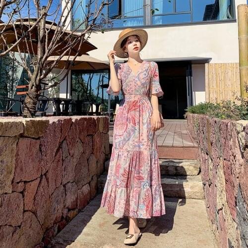 Women Maxi Printed Ethnic Dress Summer 2021 Runway Elegant Vintage Boho Retro Fairy Casual Sea Beach Vacation Party Long Vestido