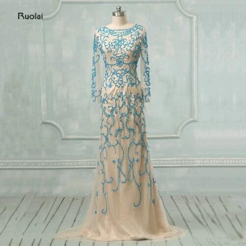 2016 New Arrival Elegant A-Line Embroidery Sequined Mother Of The Bride Dresses Custom Made Lace Up Back Sheer Long Sleeves