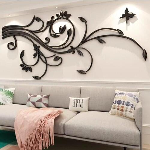 3D Flower Vine Acrylic Wall Stickers Elegant Butterfly Crystal Three-Dimensional Wall Stickers TV Wall Home Decoration Free Ship