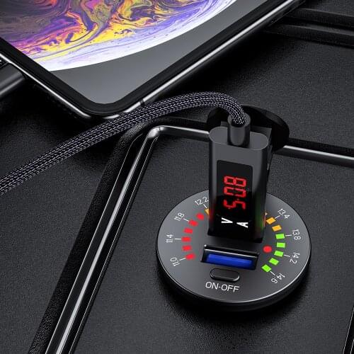 Outlet Adapter Colorful Voltage Display 12V 24V Dual USB Car Charger Socket Power ON OFF Switch LED Voltmeter Waterproof QC3.0