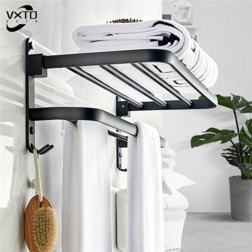 Black Space Aluminum Towel Holder Punch-Free Bathroom Accessories Folding Hook Shower Rack Organizer Hanger Wall-Mounted