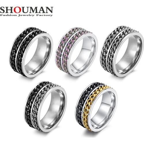 SHOUMAN 2 Layer Black Blue Spinner Rotatable Charm Wedding Band Chain Rings Stainless Steel for Men Women Gift