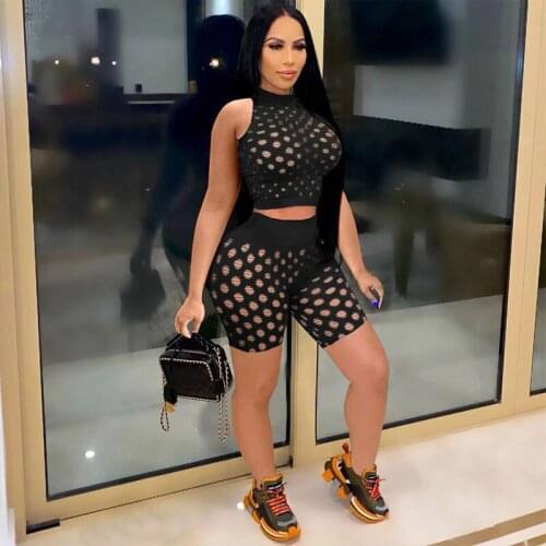 TNNAOFF Hollow Out Mesh Sheer Two Piece Tracksuits Women Set Sleeveless Crop Top Sexy Biker Shorts Vacation Club Matching Set