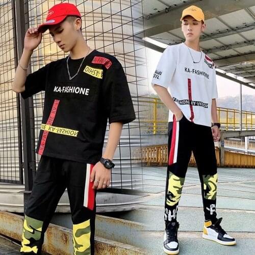 Summer Fashion Mens Sets Hip Hop Trend Printed Short Sleeve T Shirts+Casual Streetwear Elastic Waist Trousers Men Clothing Sets