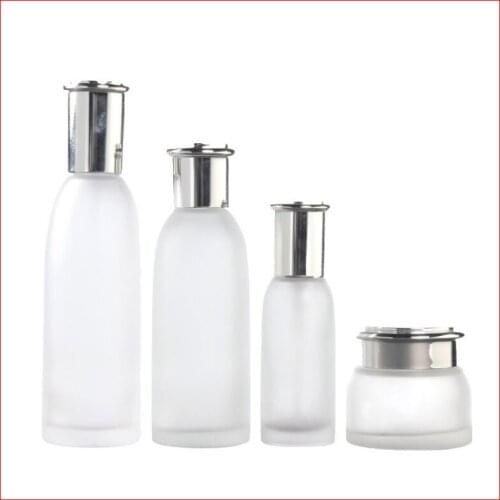30/50/40/100/120ML frosted Empty glass bottle/jar lotion pump/screw cap Cosmetic Packing Refillable Bottles w silver cap 100pcs
