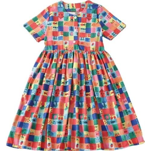 Fashion Ghost Horse Girl Plaid Fruit Print Short Sleeve Dress Summer New Womens Chiffon Shirt Short Sleeve Knee-length Skirt