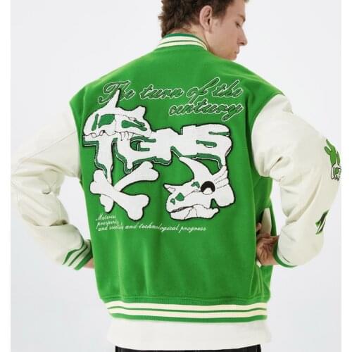 3 Colors Men Streetwear PU Leather Baseball Jacket Harajuku Dinosaur Fossil Embroidery Varsity Jacket 2021 Autumn Casual Outwear