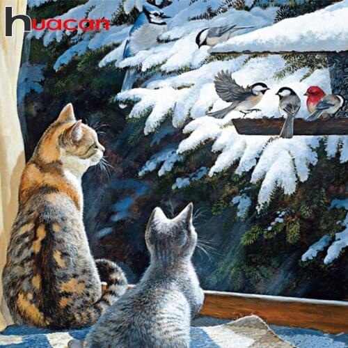 Huacan Cat Diamond Painting Kits Animal Full Square/Round Diamond Embroidery Mosaic Winter Snow Cross Stitch Gift