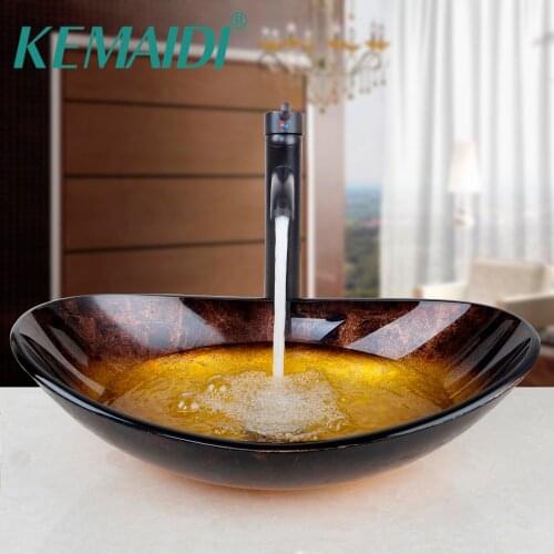 KEMAIDI Bathroom Washing Basin Set Waterfall Faucets Bath Black Mixer Sink Faucet Vessel Drain Bathroom Glass Basin Vanity