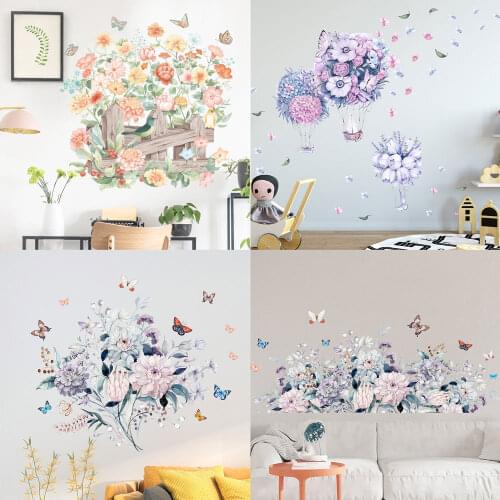 Watercolor Flower Wall Stickers Butterfly Wall Decor Warm and Romantic Background Wall Stickers Living Room Bedroom Decor