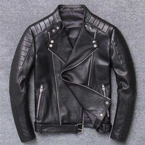 Genuine Men Real Sheepskin Motorcycle Biker Leather Jacket Casual Slim Male Winter Outerwear jaqueta de couro