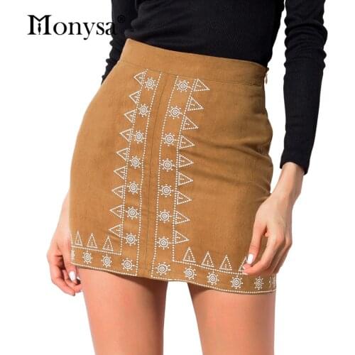 New Arrival 2018 Skirts Women Fashion Trends Flower Embroidery High Waist Pencil Skirts Women Casual Suede Skirts Black Brown