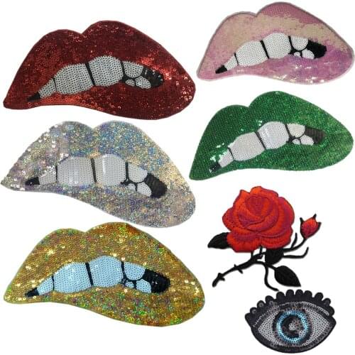 New Shiny Sequins Flower Patch Sexy Rainbow Lip Patch sew On Stickers Mouth Patch Cartoon Handmade Large Applique For Clothes