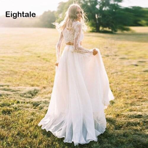 Eightale Two Piece Wedding Dress with Long Sleeve Boho O-Neck Lace Top A-Line Chiffon Beach Bridal Dress Wedding Gowns vestido