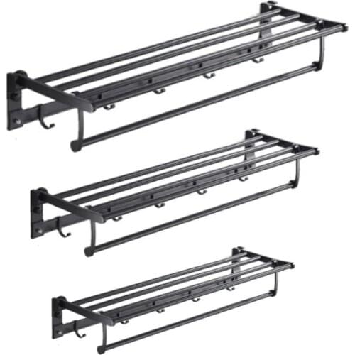 Foldable Aluminum Wall Mounted Bath Towel Rack Double-Layer Shower Holder with Hooks Bathroom Organizer Robe Hanger Storage N0PA