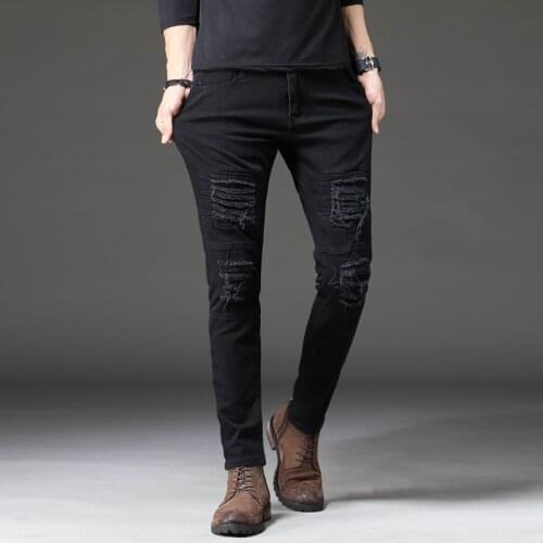 Skinny Ripped jeans slim black men fashion tight hip-hop trousers stretch pencil pants all-match trend ripped jeans for men