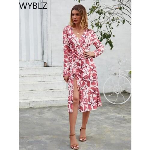 WYBLZ 2021 New Fashion Sexy Deep V Neck Song Sleeve Spring Autumn Womens Dress Casual Bohemia Print Empire Split Ladies Dress