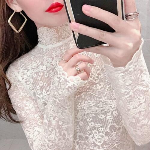 Women Blouse Womens Lace Autumn Winter Turtleneck Gauze Clothes Hollow Mesh Top Blouse Shirts Ropa De Mujer