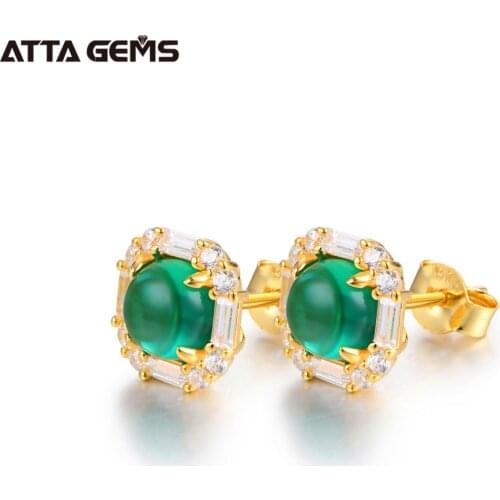 ATTAGEMS 100% 925 Sterling Silver Round Emerald Moissanite Gemstone Engagement 18K Yellow Gold Earrings For Women Fine Jewelry