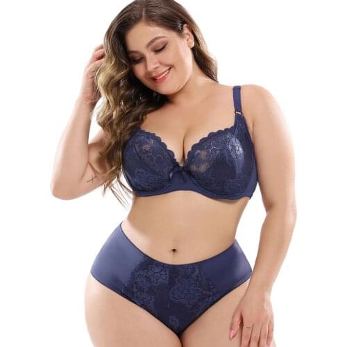 Plus Size Female Lingeries Full Cup Unlined Bra and Panty Set Floral Lace Women Bra Set Ultra Thin Panty 6 Colors C D DD E F