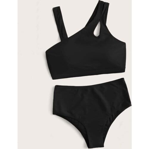 Bathing Suit Women Sloping One Shoulder Solid Color Hollow Out High Waisted Bikini Set Swimsuit Swimming Suit For Women Biquini