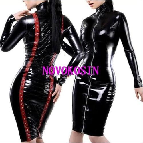 KH21 2018 Faux Leather Night Club High Neck Front Zipper Back Lace Up Lady Sexy Dress Outfit PVC Sheath Short Women Erotic Dress