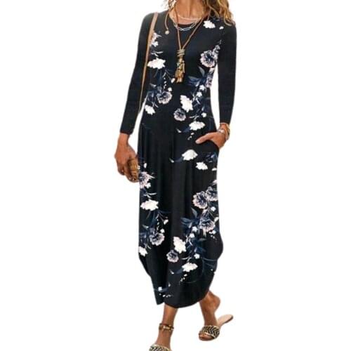 2021 New Floral Print Casual Dress Women Long Sleeve Autumn Midi Dress Fashion O-Neck Black Slim Long Dresses Femme Oversized