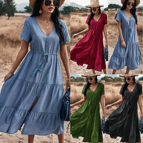 Drawstring Short Sleeve Summer Dress 2021 Hollow Out Vintage Beach Boho Dresses Women Casual Loose Midi Elegant Robe