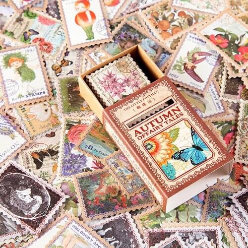 100Pcs/Box Little Postman Autumn Fairy Tale Series Stickers Scrapbooking Diy Vintage Stamp Stick Label Stationery