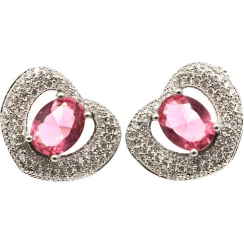 18x15mm Elegant Heart Shape Created Pink Tourmaline CZ Gift For Girls Silver Earrings