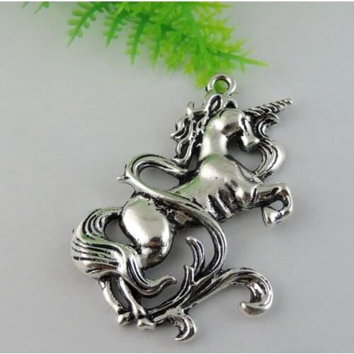 4Pieces) Creative Wholesale Vintage Silver Color Zinc Alloy Unicorn Pendant Charms Findings Necklace Accessories Vintage 38966