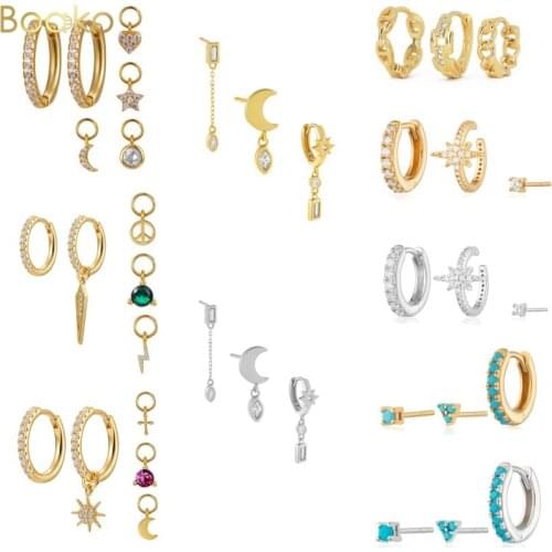 BOAKO 3pcs/set 925 Sterling Silver Small Hoop Earring Simple Round Circle Zircon Crystal Star Moon Earrings For Women Jewelry