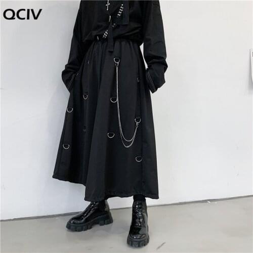 Men Metal Chain Causal Loose Casual Wide Leg Pant Male Japan Style Streetwear Gothic Punk Kimono Skirt Pants